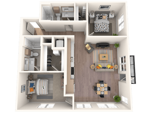 Floor plan for 2 beds, 2 baths, 1038 sqft